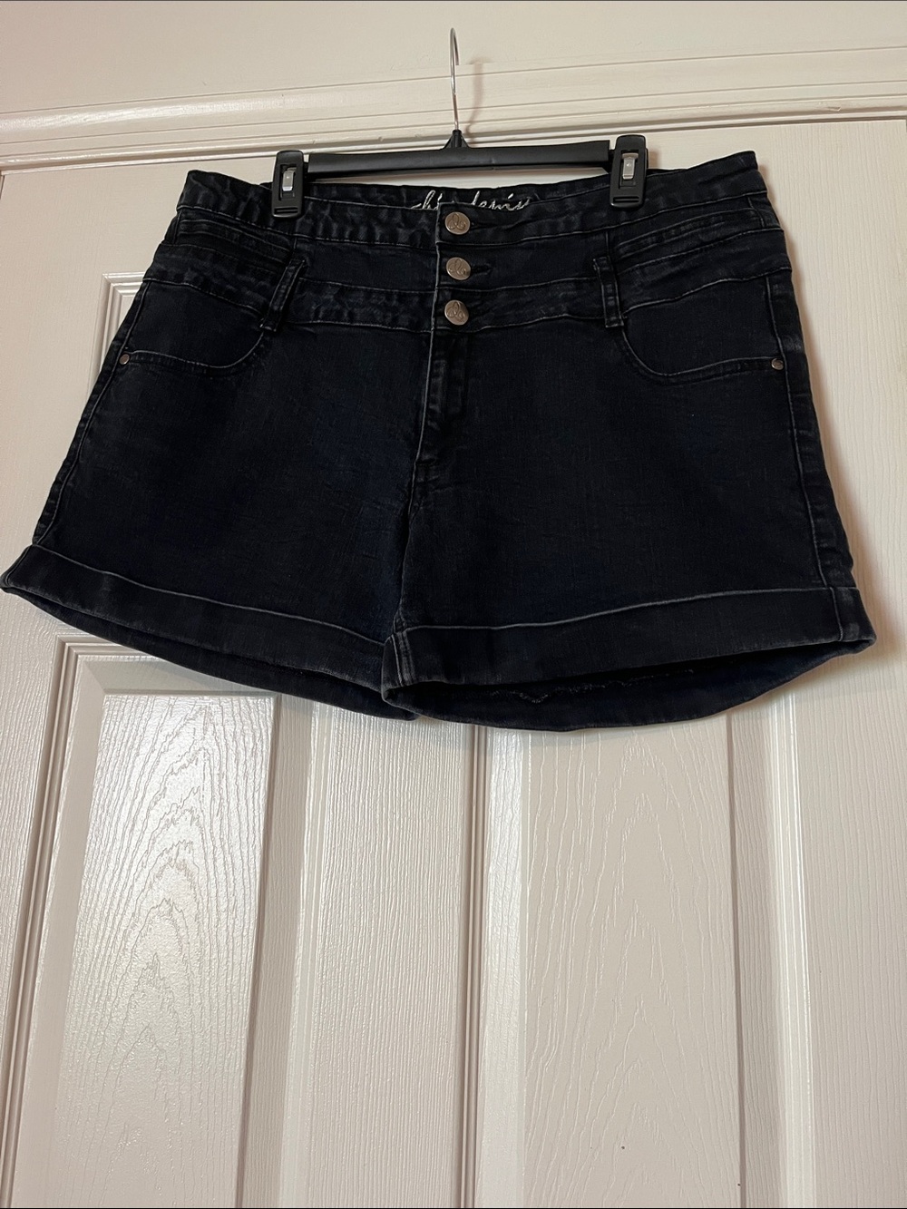 City Chic Black High-Waist Triple-Button and Zipper Denim Shorts